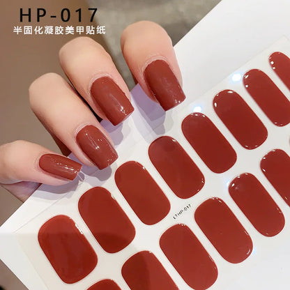16Tips UV Semi-Cured Gel Nail Wraps Sticker 5D Pure Color Full Cover UV Lamp Gel Sticker Long-Lasting Nail Extension Patch Strip