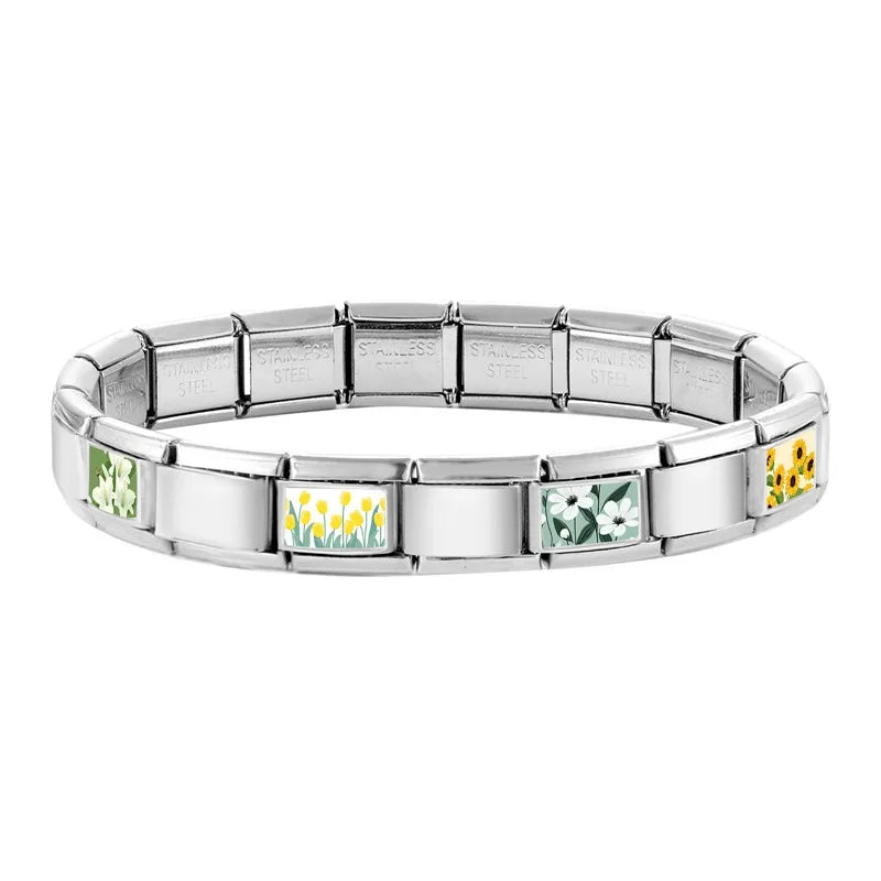 2025 Women's Fashion Colorful Flowers Oil Painting Style Series Italian Charms Fit 9mm Stainless Steel Bracelet DIY Jewelry Gift