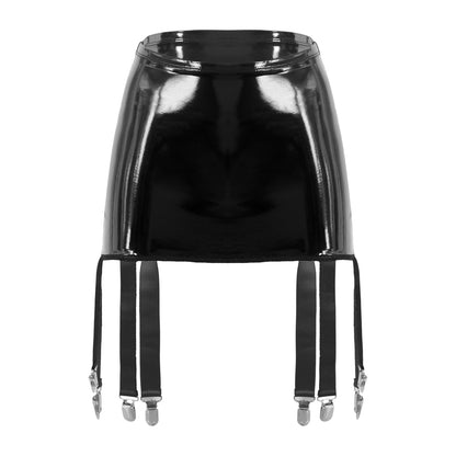 Women's Garter Straps Pencil Skirts Patent Leather Wet Look Garter Belt Short Mini Skirts with Buckle Clips Sexy Clubwear Party
