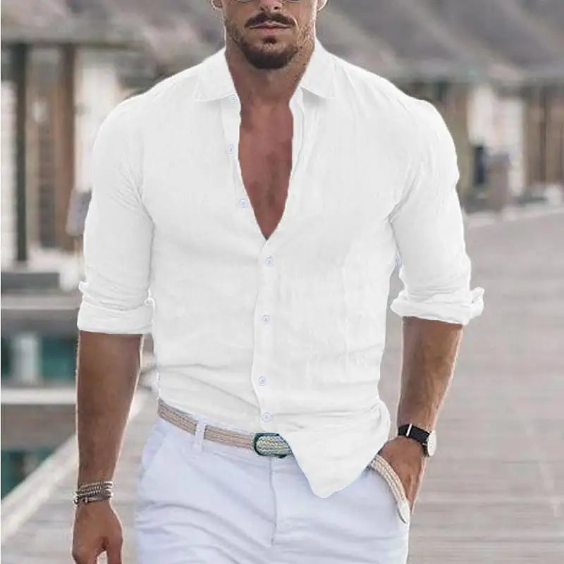 New Men's Shirt Cotton linen Fashion Casual Polo Neck Beach Shirt Long Sleeve Solid Hawaiian Holiday Shirts