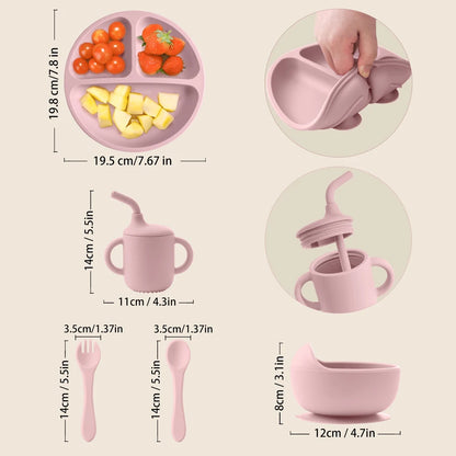 New BPA Free Silicone Baby Feeding Set Sucker Bowl Dinning Dishes Plate Straw Cup Spoon Forks For Kids Children‘s Tableware