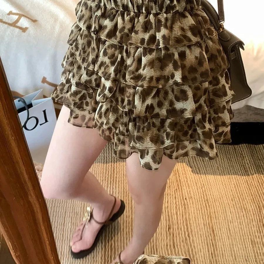 HOUZHOU Women Leopard Mini Skirt Y2k Gyaru Elastic Waist Layered Short Skirt Female Harajuku Kawaii Slim High Waist Skirts