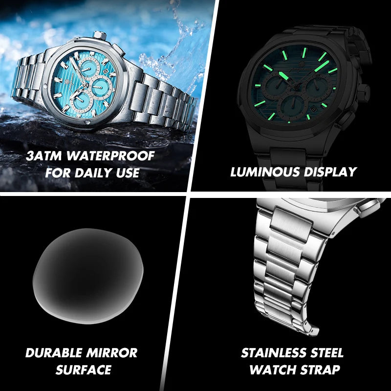 PAAZOMU Fashion Brand Man Wristwatch Waterproof Stainless Steel Luminous Men Watch Chronograph Date Luxury Quartz Men's Watches