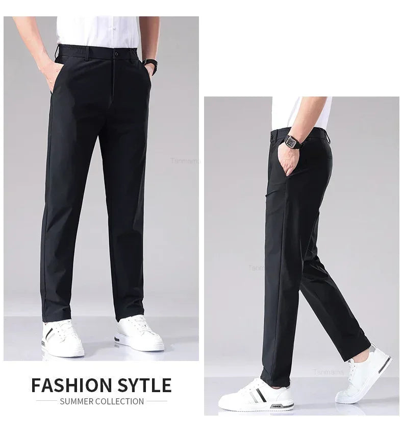 Ultra-thin Elastic Men's Casual Trousers Summer Quick-drying Ice Silk Slim Straight Business Solid Color Y2K Trousers Black Gray