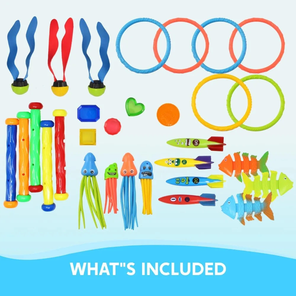 Joyfy 30 Pcs Diving Pool Toys Sinkers for kids with Storage Bag Includes 5 Diving Sticks 6 Diving Rings