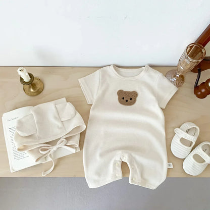 Cotton Romper Gift Hat with Ear New In Summer Kids Baby Girls Boys Short Sleeve Waffle Patch Bear Infant Newborn Jumpsuits