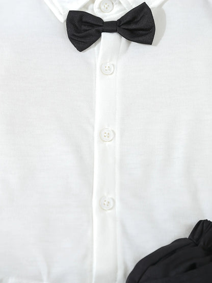 3-Piece Summer Thin Gentleman Dress Suit for Infants and Boys, Short-Sleeved Shirt with Bow + Casual Suspender Shorts + Gentleman Hat, Suitable for Birthday Parties, Party, Performance, Weddings, Full Moon, Washing Ceremony,