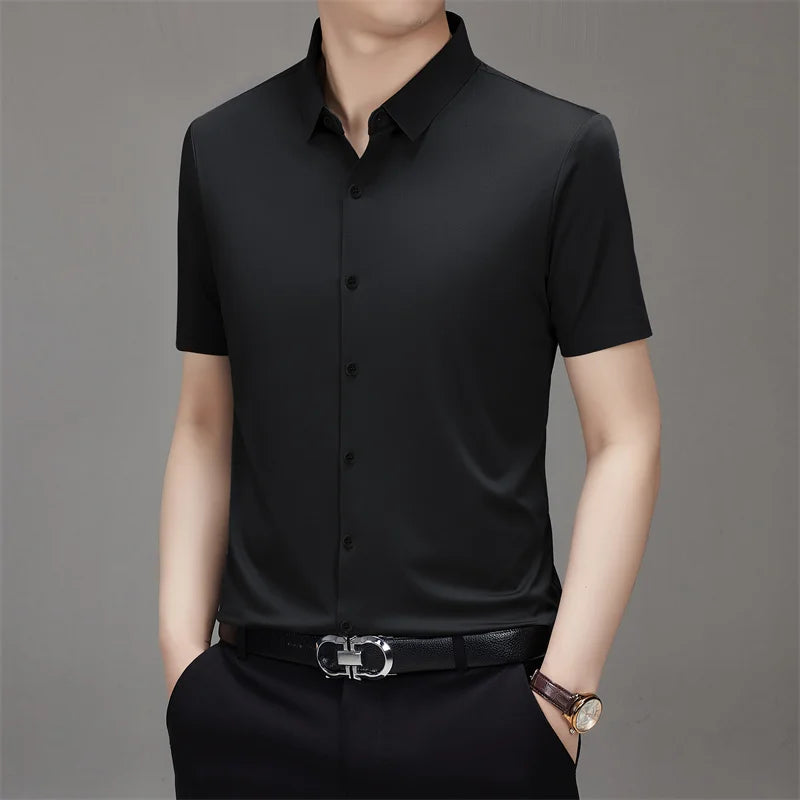 Men's Business Casual Solid Color Short Sleeve Shirt Summer Fashion No Ironing Comfortable Versatile Top for Men
