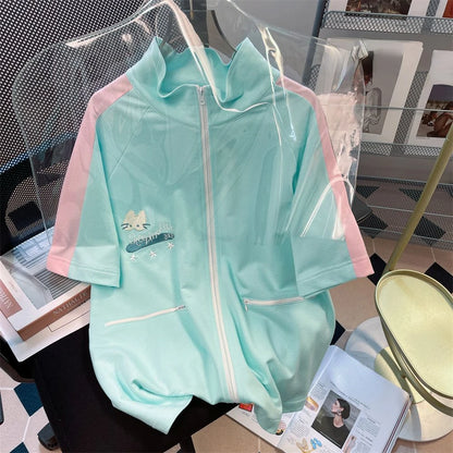 Summer Cartoon Embroidery Two Piece Set Women Hoodie Harajuku Shorts Outfits Tops Contrast Color Casual Loose Y2k Aesthetic Suit