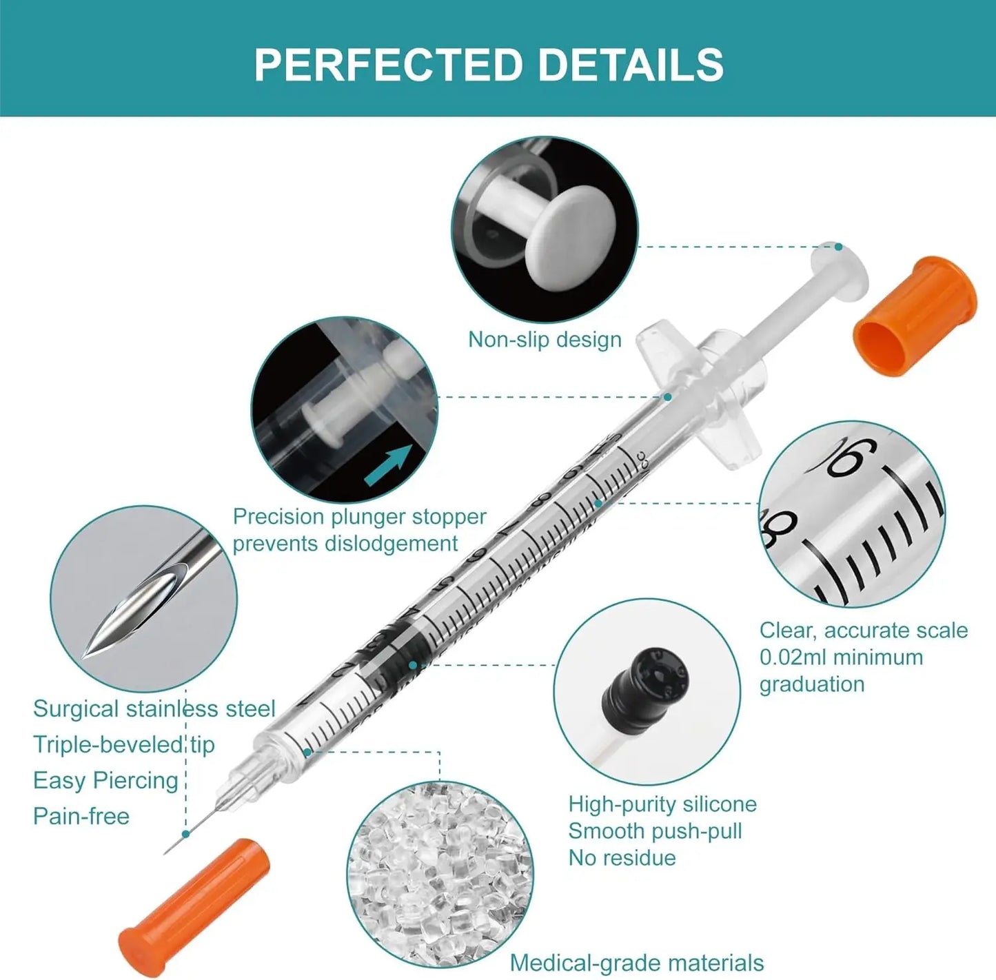 1ml 29G*13Mm Disposable Plastic Veterinary Syringe, Sterile Insulin Syringe with Orange Cap and Needle, Suitable for Pets, Farm Animals, and Laboratory Use.