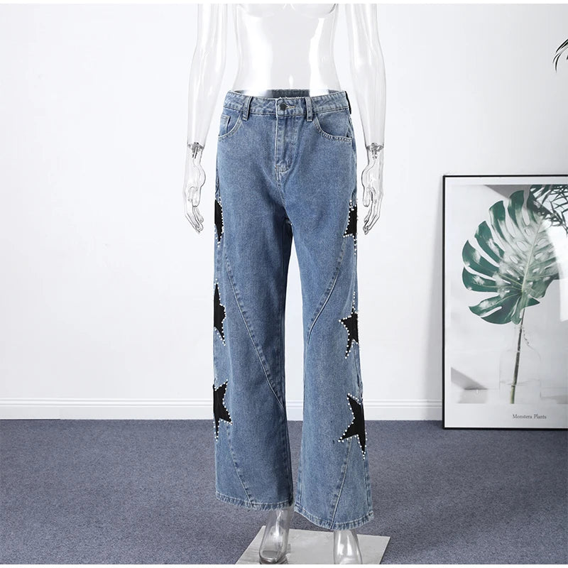 Female Vintage Leather Pocket Jeans Women Blue Zipper Straight Loose Trousers Lady New Fashion Daily Casual Spring Pants 2026