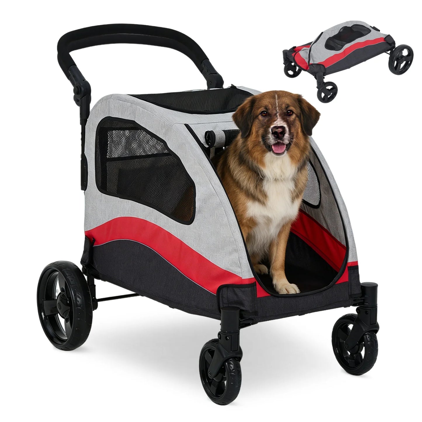 Heavy Duty Pet Wagon & Large Dog Stroller , Collapsible Dog Cart with Adjustable Handle, Breathable Mesh and Storage Pockets