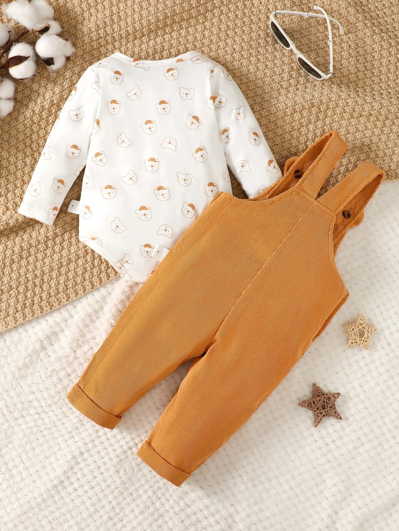 3-24 Months Toddler Baby Boy 2PCS Clothing Set Bear Print Bodysuit with Green Overall Fashion Cute Autumn and Winter Costumes