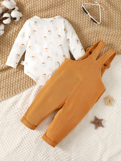 3-24 Months Toddler Baby Boy 2PCS Clothing Set Bear Print Bodysuit with Green Overall Fashion Cute Autumn and Winter Costumes
