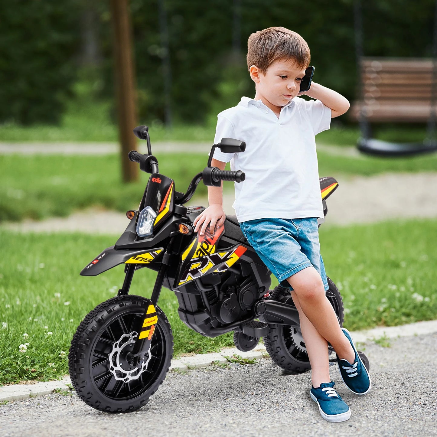 12V children's motorbike with training wheels, LED light, music, USB, electric motorcycle, yellow, toy motorbike, electric pushchair, riding motorbike