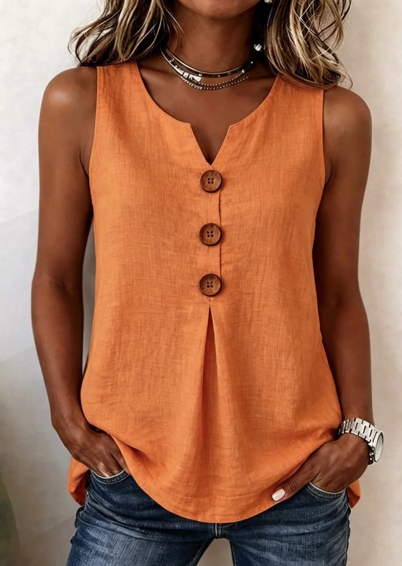 Summer 2026 Women's Blouses Fashion Button Cotton Linen Sleeveless Shirts Casual Solid Colors V-Neck Loose Plus Size Tank Tops