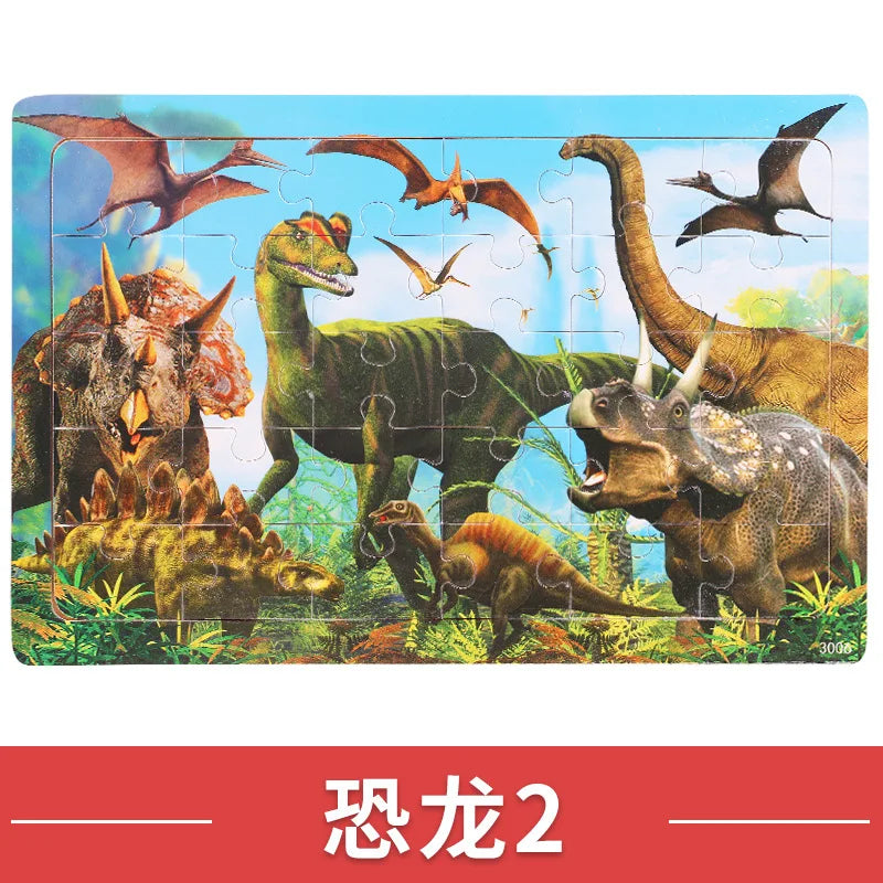 NEW Wooden 30pcs Puzzles Animal Dinosaur Cartoon Plane Puzzle Intellectual Building Block Toys for Gift