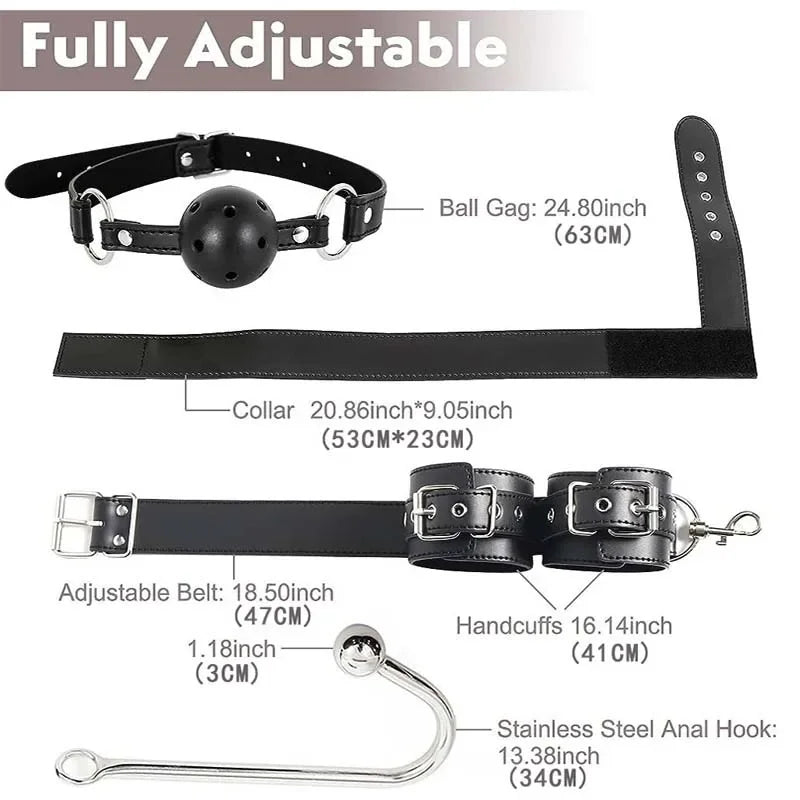 Sexual Bondage Restraint Kit BDSM Leather Thigh Sling Breast Belt Rear Handcuffs Spread Legs Slave Fetish Anal Hooks Fetish