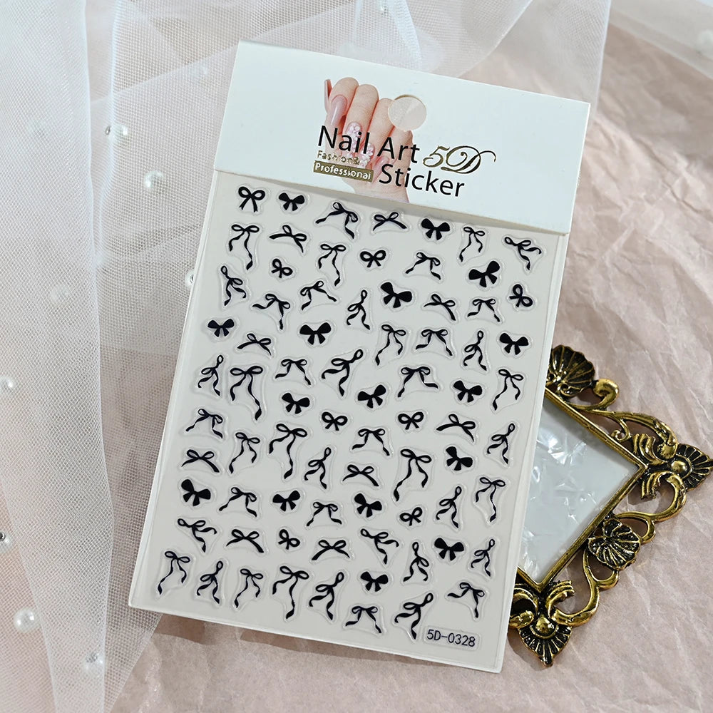 1pcs 5D White Lace Bowknot Nail Art Sticker Sweet Pearl  Bow Ribbon Self-Adhesive Nail Slider DIY Luxury Nail Decorations Decals