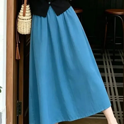 Women High Waist Elastic Waist Midi Skirt Flowy A Line Loose Long Casual Skirt