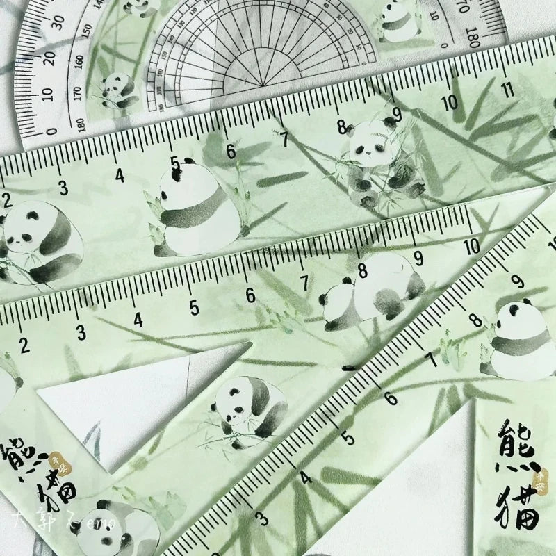 Chinese Cute Panda Bamboo Green Translucent Ruler 4-piece Set Student Plastic Straight Triangle Ruler Protractor Stationery Set