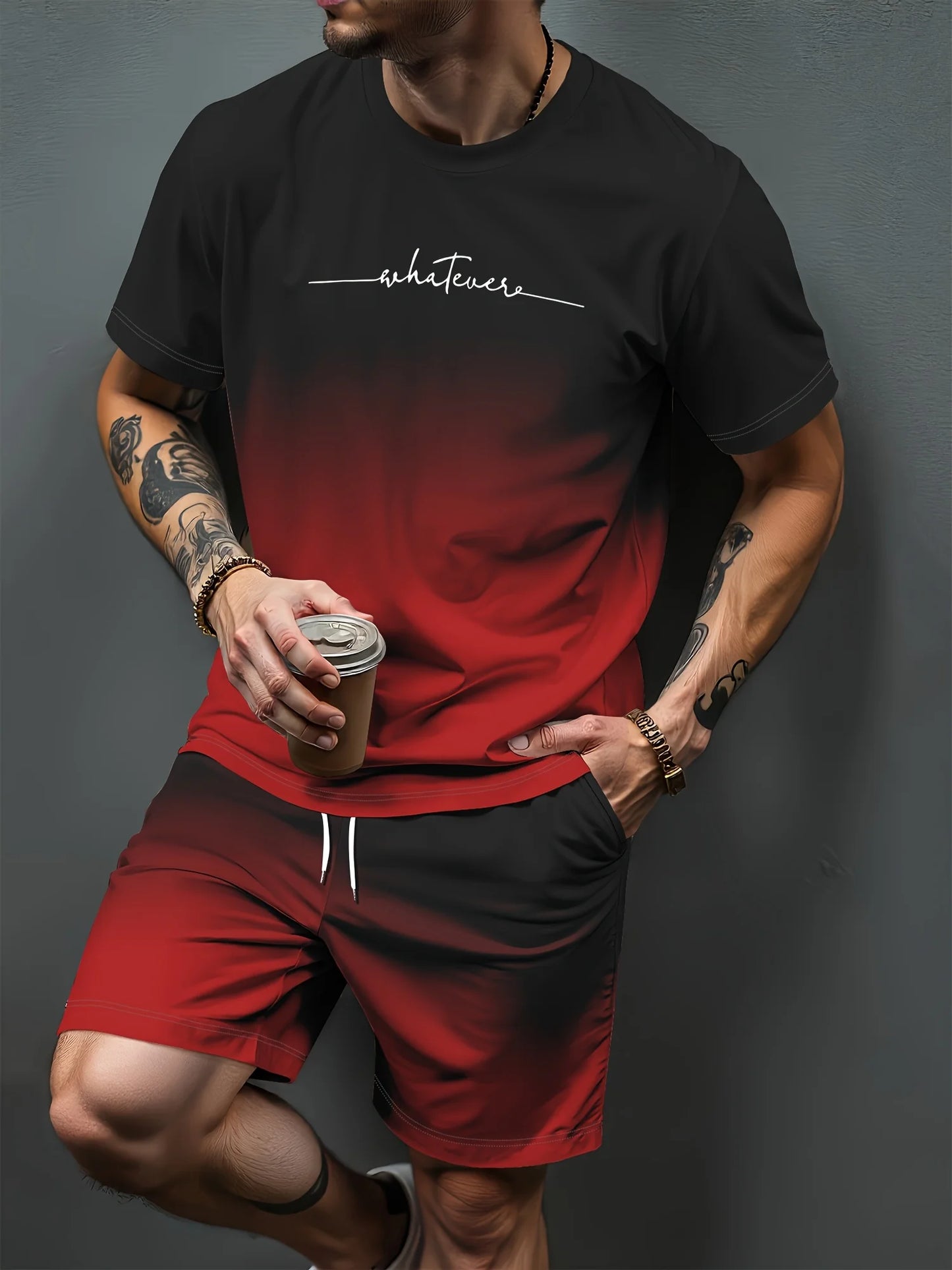 New Men's Cross Print T-Shirt and Shorts Set Stylish Streetwear Short-Sleeve Top and Shorts Combination Holiday Men's Apparel