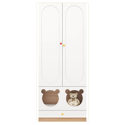 80x50x200cm Kids Wardrobe with Hanging Rod Integrated Cat Bed Design Lacquered Board and Particle Board with Colorful Ceramic Handles White and Natural Wood Color Multifunctional Storage Cabinet Suitable for Bedroom Home Furn