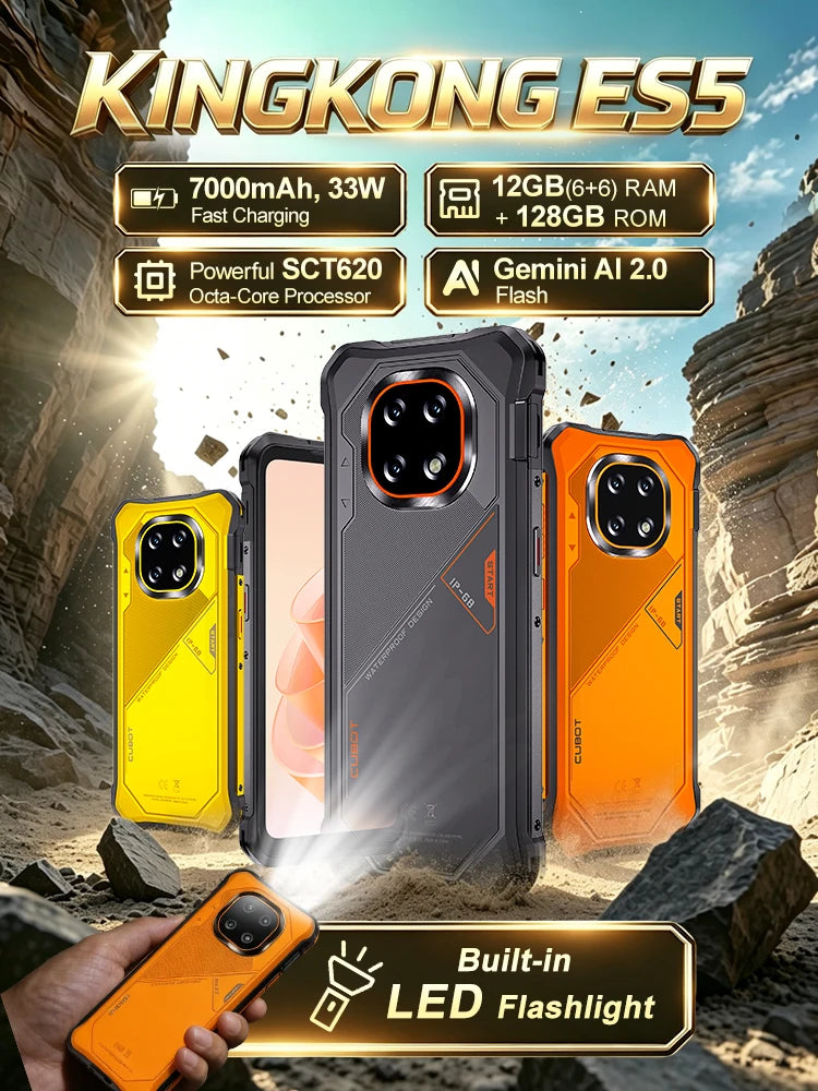 Cubot KingKong ES 5 Rugged Smartphone Android 16 Up to  12GB RAM(6+6GB) 128GB ROM / 24GB RAM(12+12GB) 256GB ROM 6.88-Inch 120Hz Screen 7000mAh Battery NFC Face Recognition Fingerprint Recognition IP69K 64MP+16MP SCT620