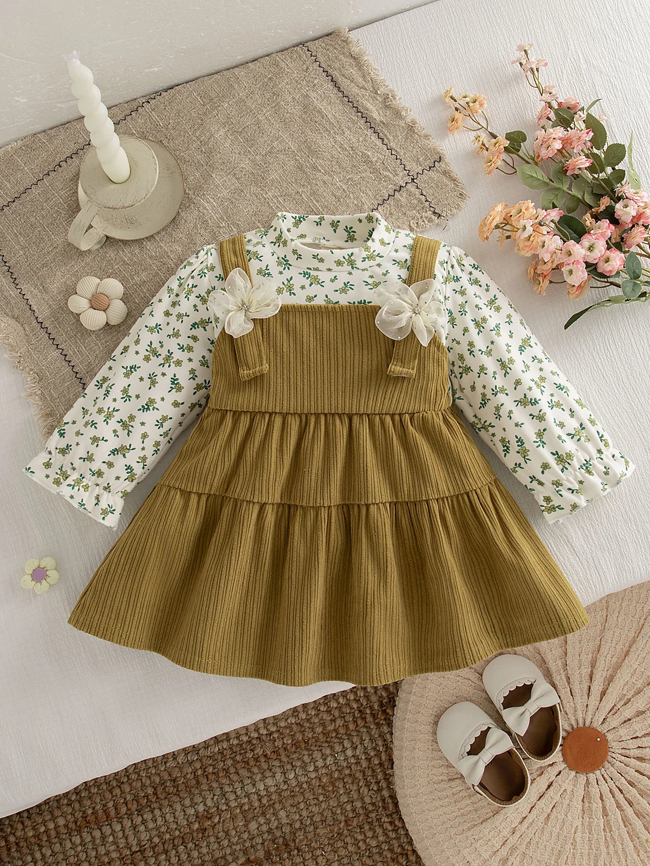 Retro Floral Print Toddler Baby Dress Long Sleeve Casual Outfit Baby Girls Daily Play Clothes Comfortable Baby Wear