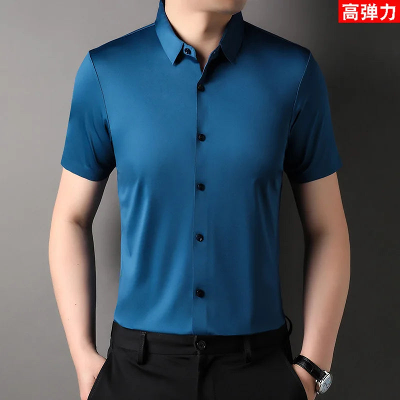 High Quality Dress Shirts For Men Business Casual Seamless Wrinkle Resistant Button Soft Elastic Luxurious Male White Clothing