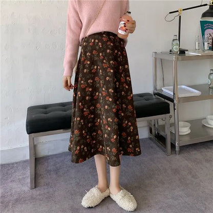 Women Floral Corduroy Midi Skirt High Waist A Line Printed Swing Long Skirt For Spring Autumn