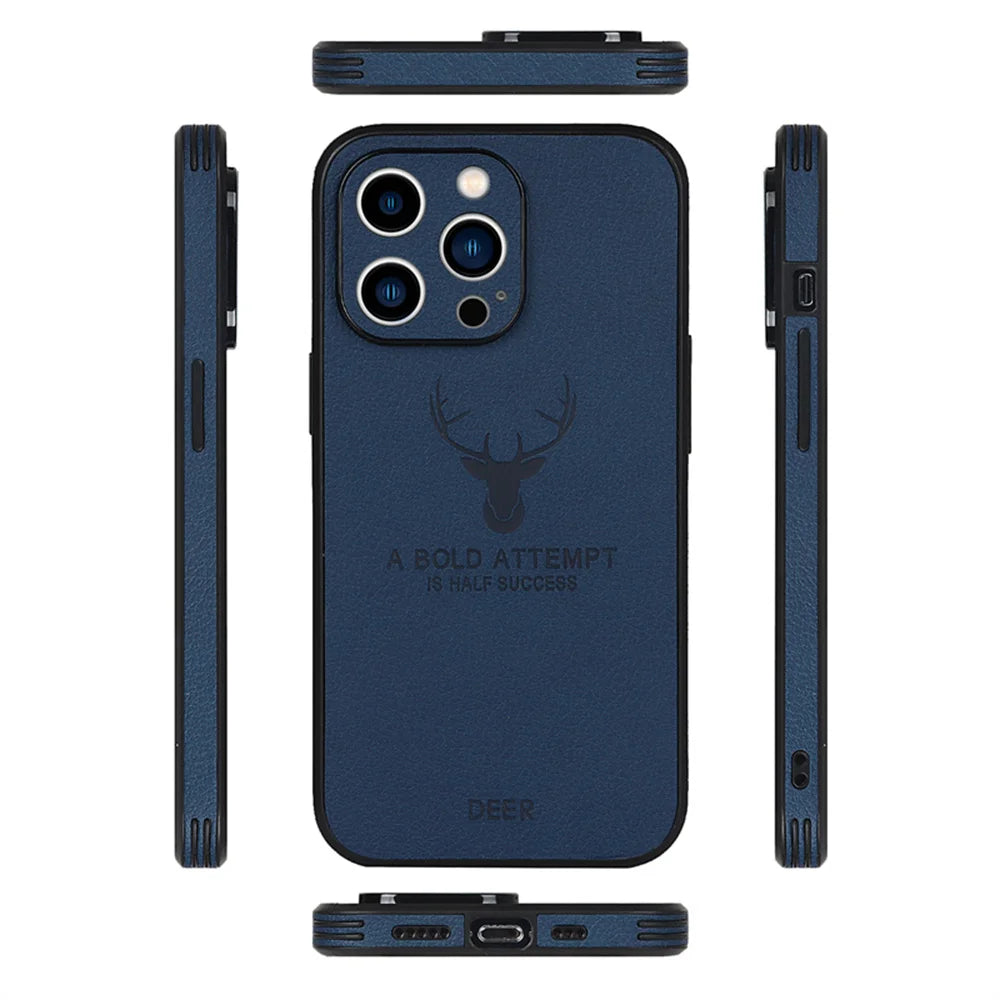 Luxury Business Leather Bumper Case For iPhone 17 Air 16 15 14 13 12 11 Pro Max Mini Plus Shockproof Soft Deer Head Back Cover