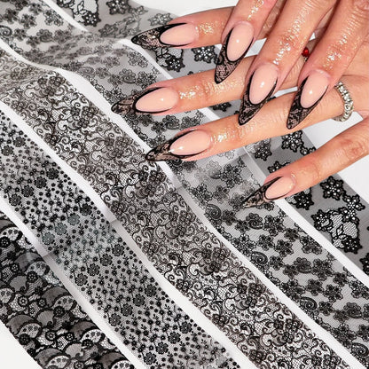 10pcs Elegant Black White Lace Flowers Nail Transfer Foils Stickers Black And White Sexy Lace DIY Charms Nail Art Decoration