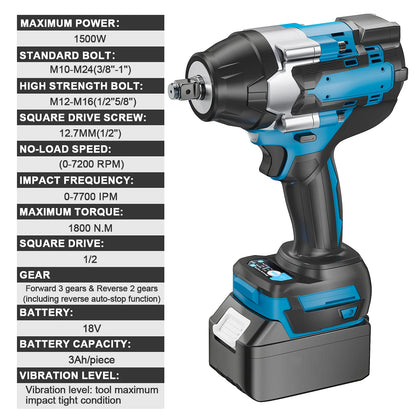Brushless cordless impact wrench 1800 N·m, power tools for Makita 18V batteries