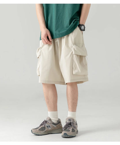 2025 Summer New Japanese Style Large Size Thin Shorts Men Loose Knee Cargo Shorts Hip Hop Streetwear Male Short Trousers
