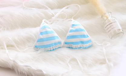 Lace-up Strap Blue and White Striped Set, Blue and White Fat Inner Two-piece Set Womens Lingerie Set  Bra Set  Sexy