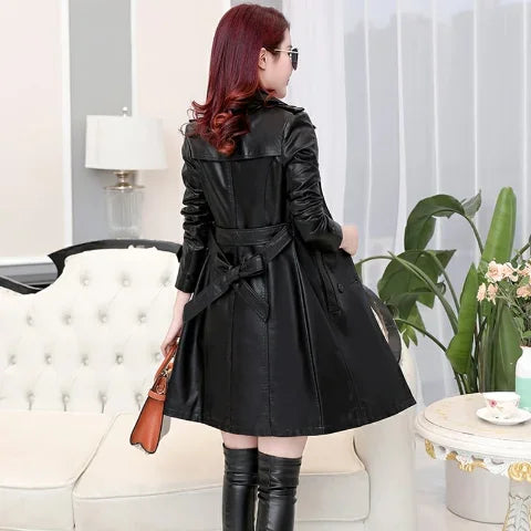 Top Compound lambskin leather jacket lady Free wash PU women clothing trench Long faux fur coat streetwear casaca para mujer