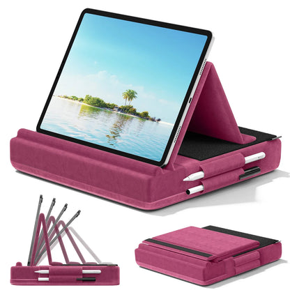 Upgraded Tablet Pillow Stand Multi-Angle Viewing Ipad Holder for Lap Bed and Desk Foldable Soft Pad Dock with Stylus Mount