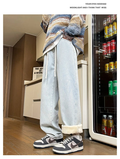 Men's Thicke Fleece Straight Jeans Winter Velvet Thermal Nostalgia Washing Denim Pants Streetwear Elastic Waist Loose Trousers