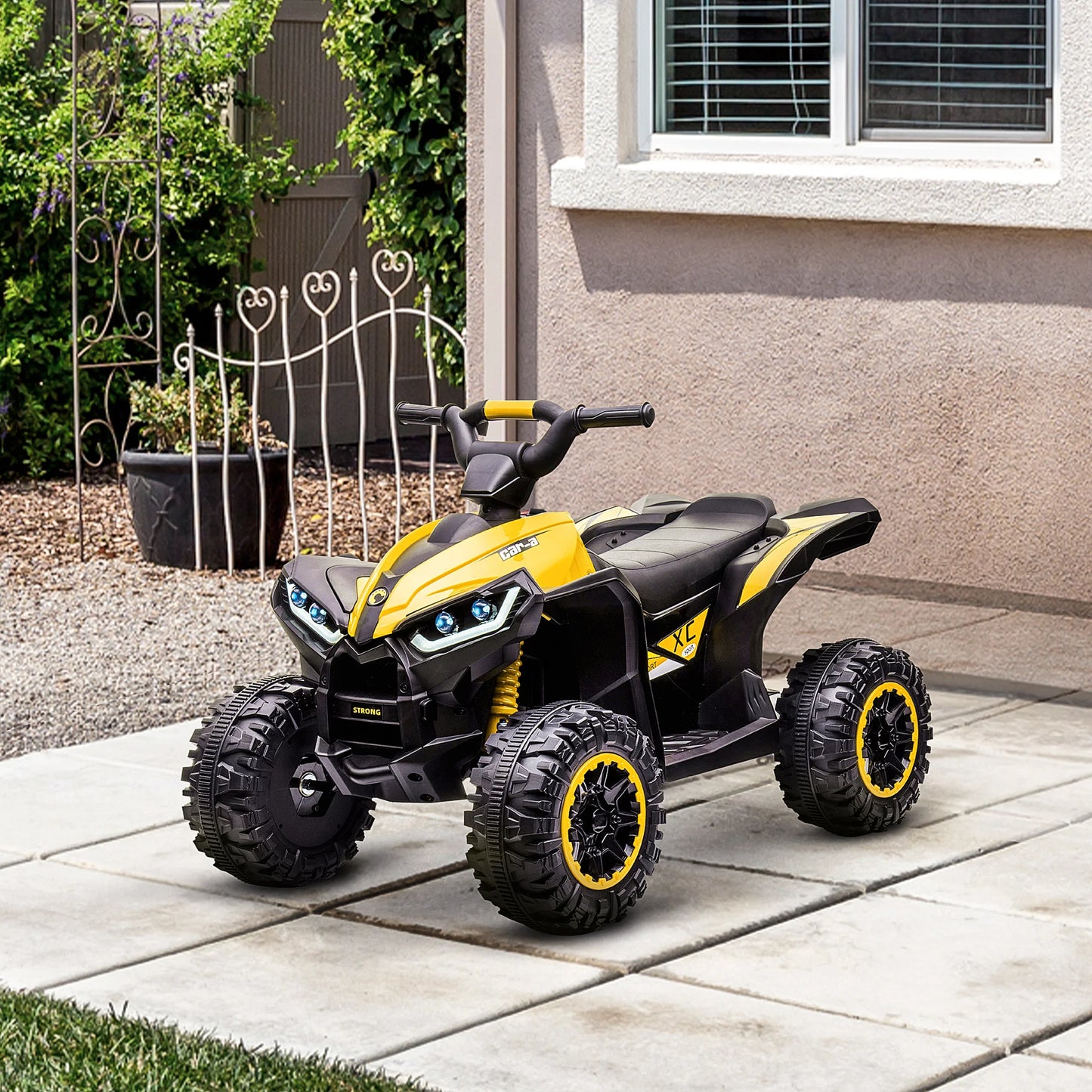 12 V electric quad for children, 2-motor electric car for kids with 2 speeds at 3–6 km/h, LED headlights and horn, suitable for 3–5 year-old children, ergonomic handle and seat, yellow