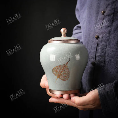 Human Cremation Urns for Ashes, Memorial Ash Holder, Keepsake Souvenirs Gift, Chinese-Style Leaf Ceramic Storage Decoration