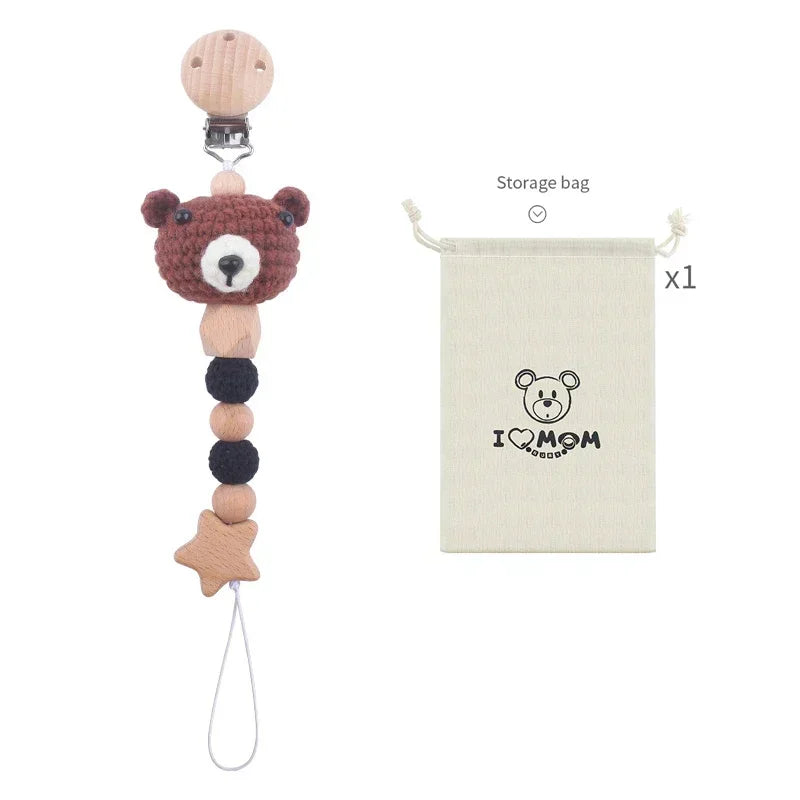 Cartoon Bunny Pacifier Chain Clip Wood Crochet Bear Teething Chain Baby Teether Soother Holder Newborn Chew Toys Pacifier Clips