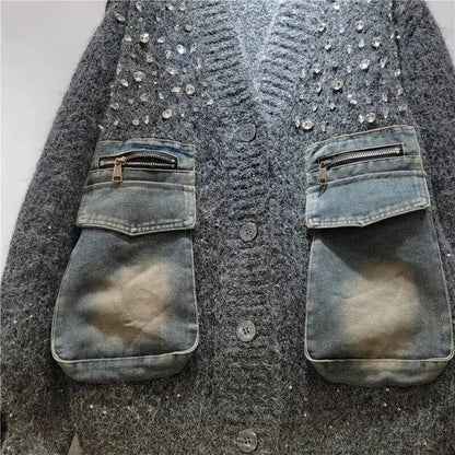 DEAT Women's Cardigan V-neck Patchwork Denim Pockets Diamonds Loose Long Sleeve Knitted Sweaters 2026 New Autumn Fashion 29A3243