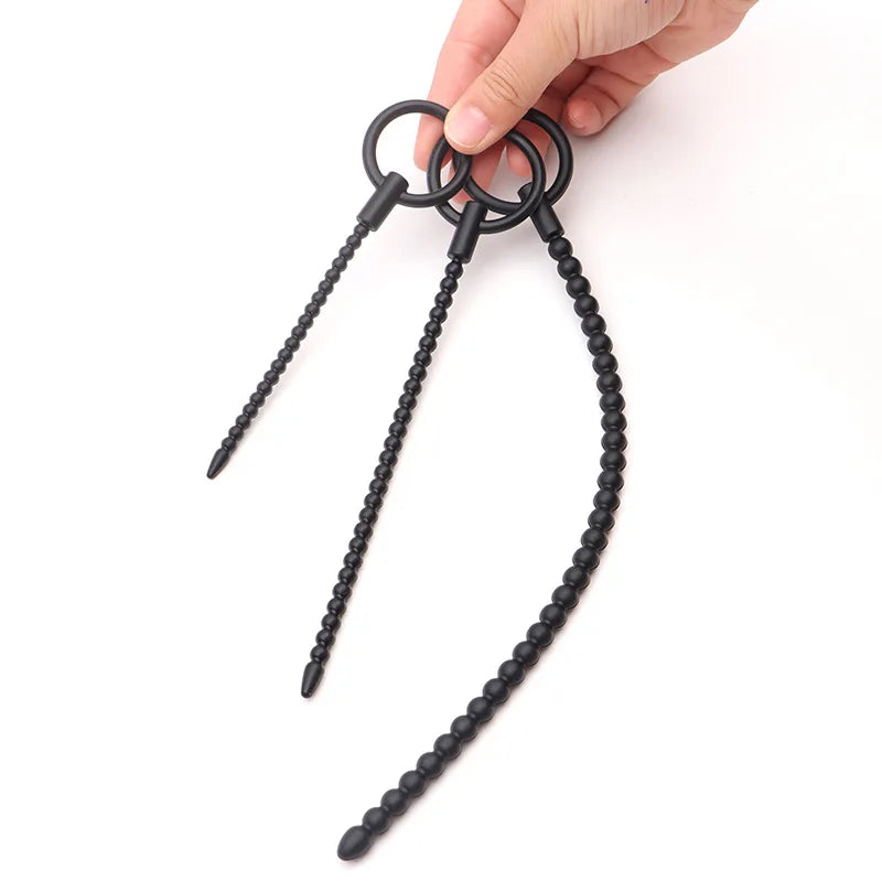 Deep Sensation Self-Discovery: 3-Piece Silicone Beaded Urethral Sound Set with Safety Pull Ring Male Intimate Penis Plug Trainer