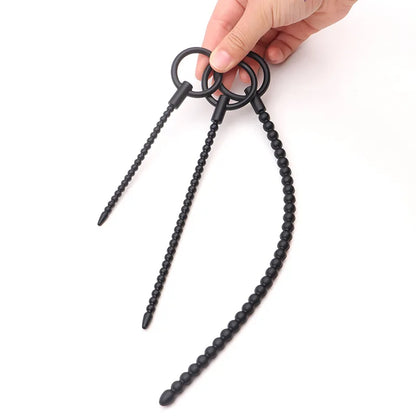 Deep Sensation Self-Discovery: 3-Piece Silicone Beaded Urethral Sound Set with Safety Pull Ring Male Intimate Penis Plug Trainer