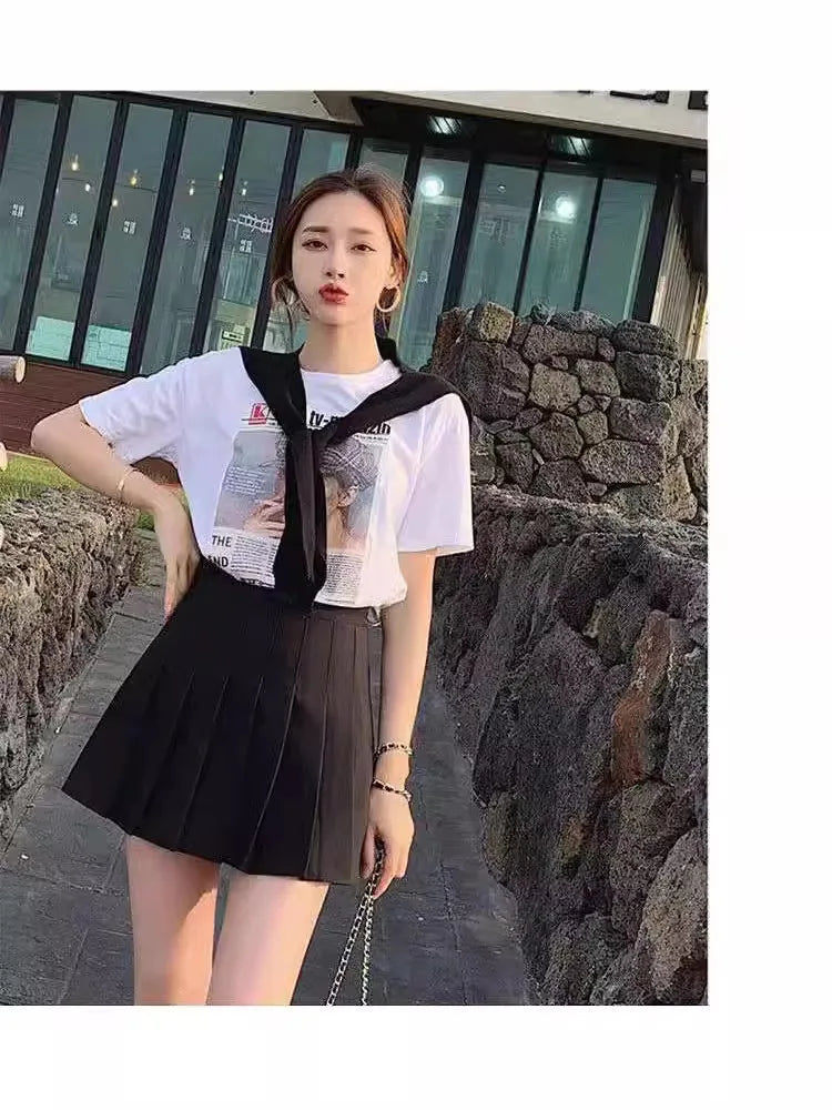 Preppy Style Women Pleated Skirt High Waist A-Line Mini Skirt School Girl Skirt JK Uniform Skirt Skater Skirt Black Plus Size