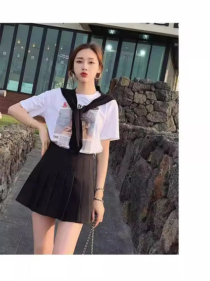 Preppy Style Women Pleated Skirt High Waist A-Line Mini Skirt School Girl Skirt JK Uniform Skirt Skater Skirt Black Plus Size