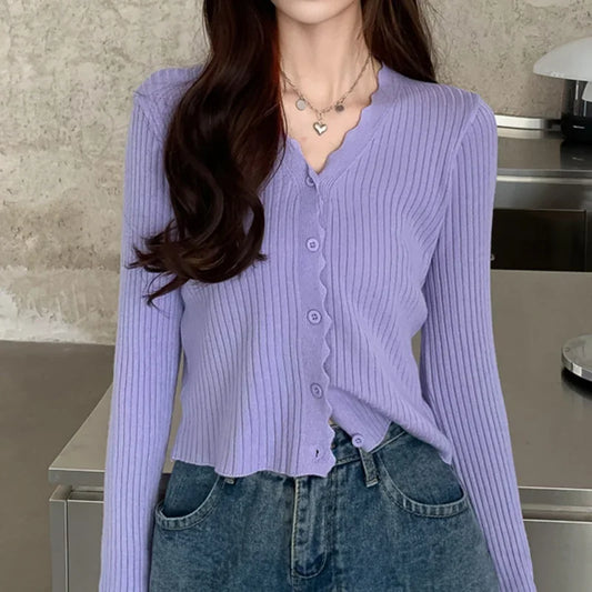 Women Ribbed Crew Neck Cardigan Sweater Pastel Pink Purple Long Sleeve Fitted Crop Knitted Jacket Spring Fall