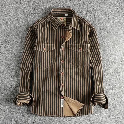 2025 Autumn And Winter New American Retro Stripe Long-Sleeve Lapel Shirt Men's Simple Fashion Washed Multi-pocket Casual Blouses