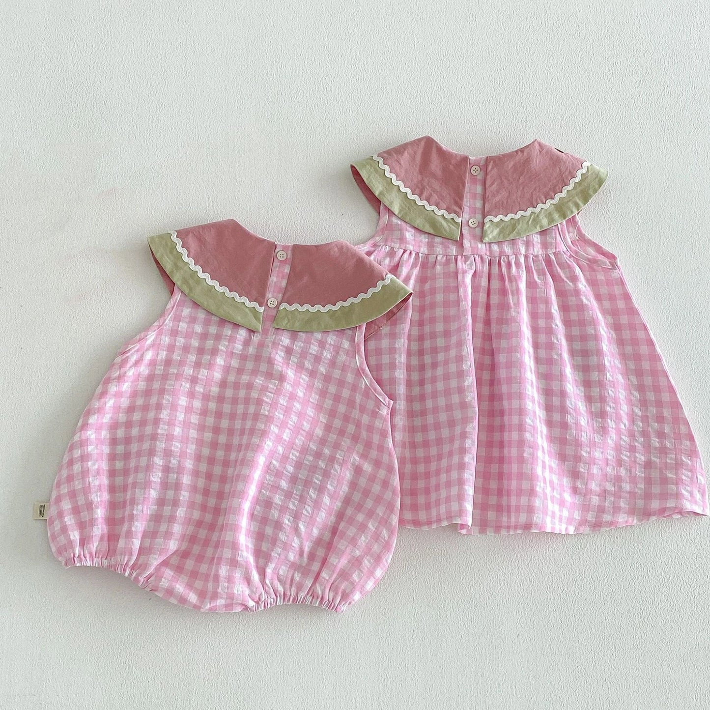 2026 Summer Childrens Clothes Watermelon Collar Baby Bodysuit with Patch Pockets Pink-white Check Girls Dress